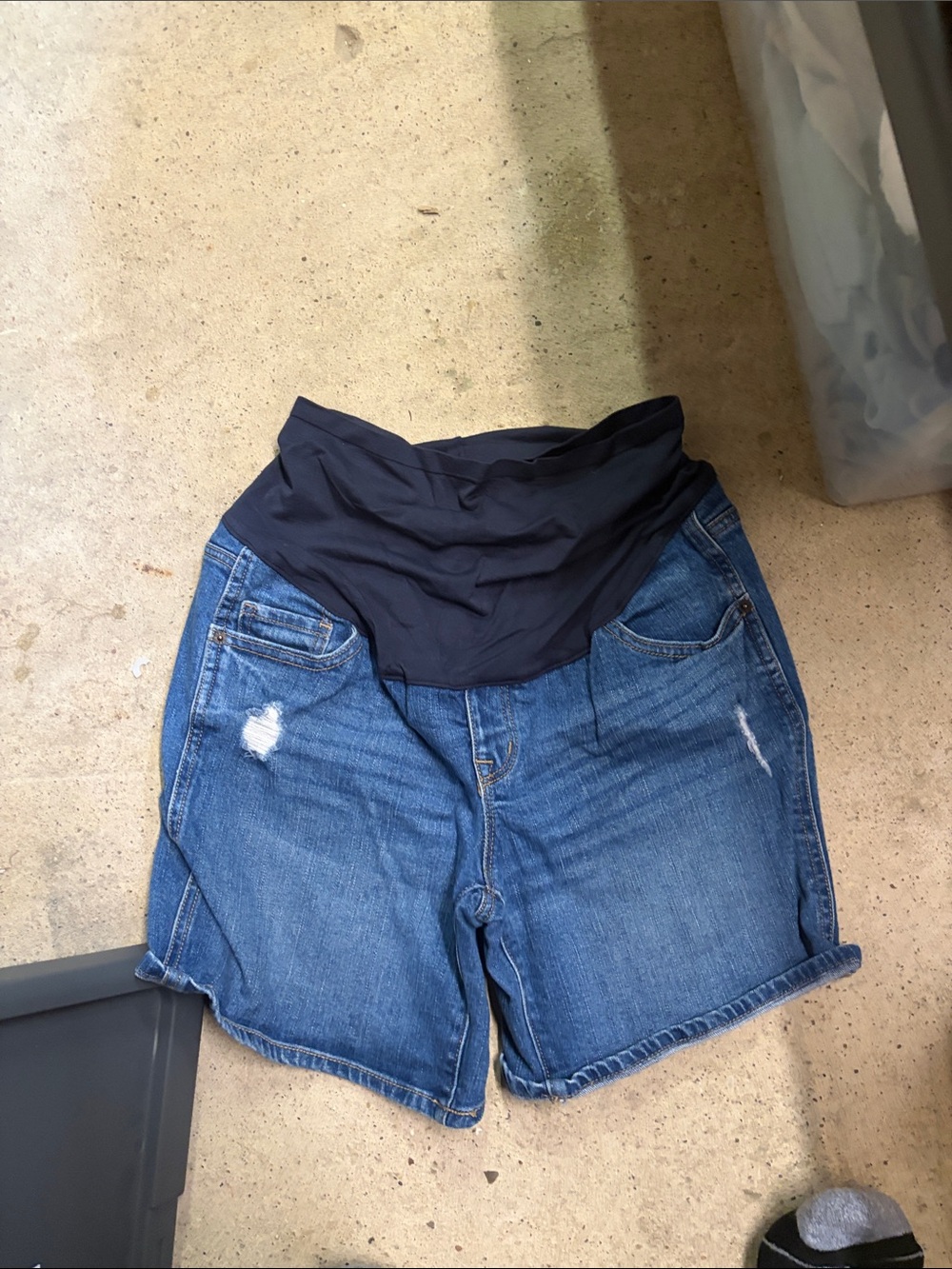 Old Navy Blue Denim Maternity Shorts with Black Fold-Over Waistband